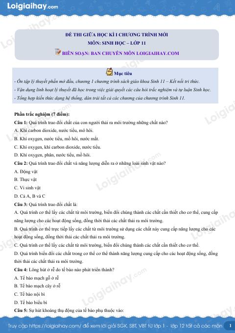 Đề thi giữa kì 1 Sinh 11 Kết nối tri thức - Đề số 3